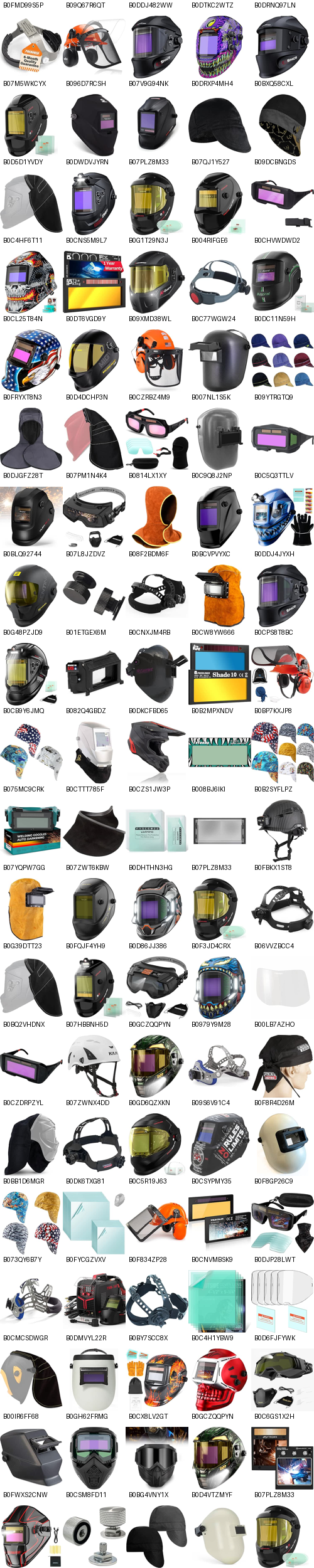 Quality review grid of e-commerce welding helmet listings and accessories